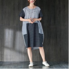 Elegant pure cotton dresses oversized Large Pockets Stripe Cotton Thin Summer Women Dress