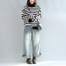 2021 fashion black white striped cotton knit tops plus size asymmetric design sweater