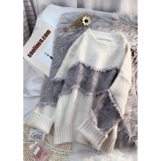 Cozy beige sweater tops fashion Loose fitting patchwork knit tops