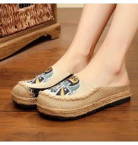 Beige Embroideried Linen Fabric Slippers Shoes Splicing