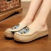 Beige Embroideried Linen Fabric Slippers Shoes Splicing